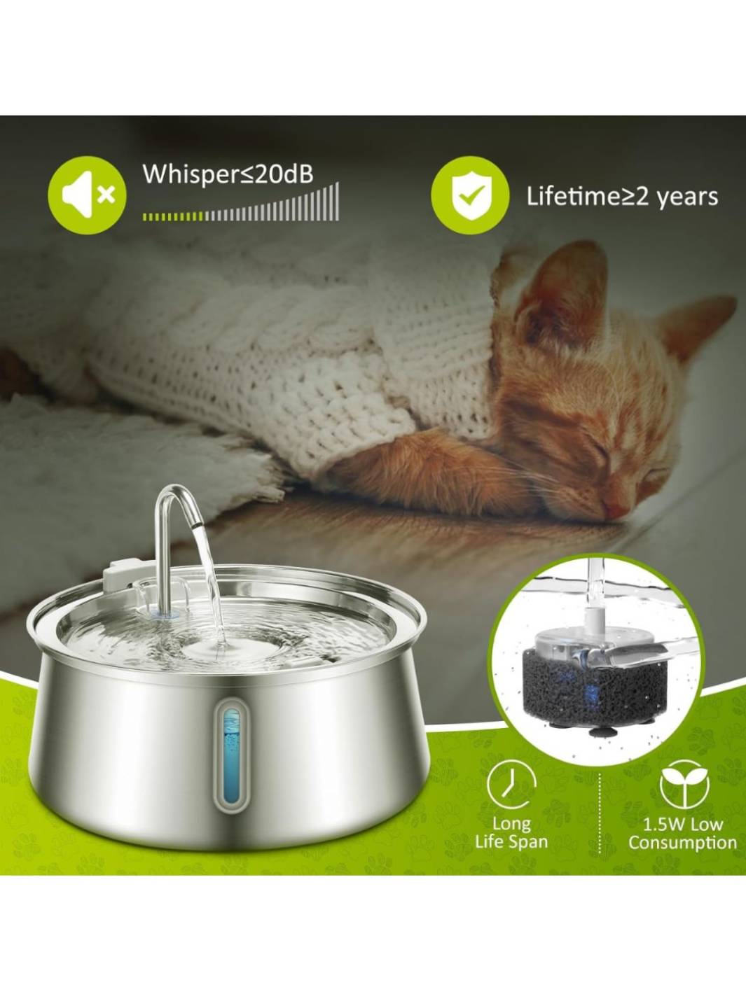 New 2024 Design - Large Stainless Steel Pet Water Fountain with Water Level Window (4 L)